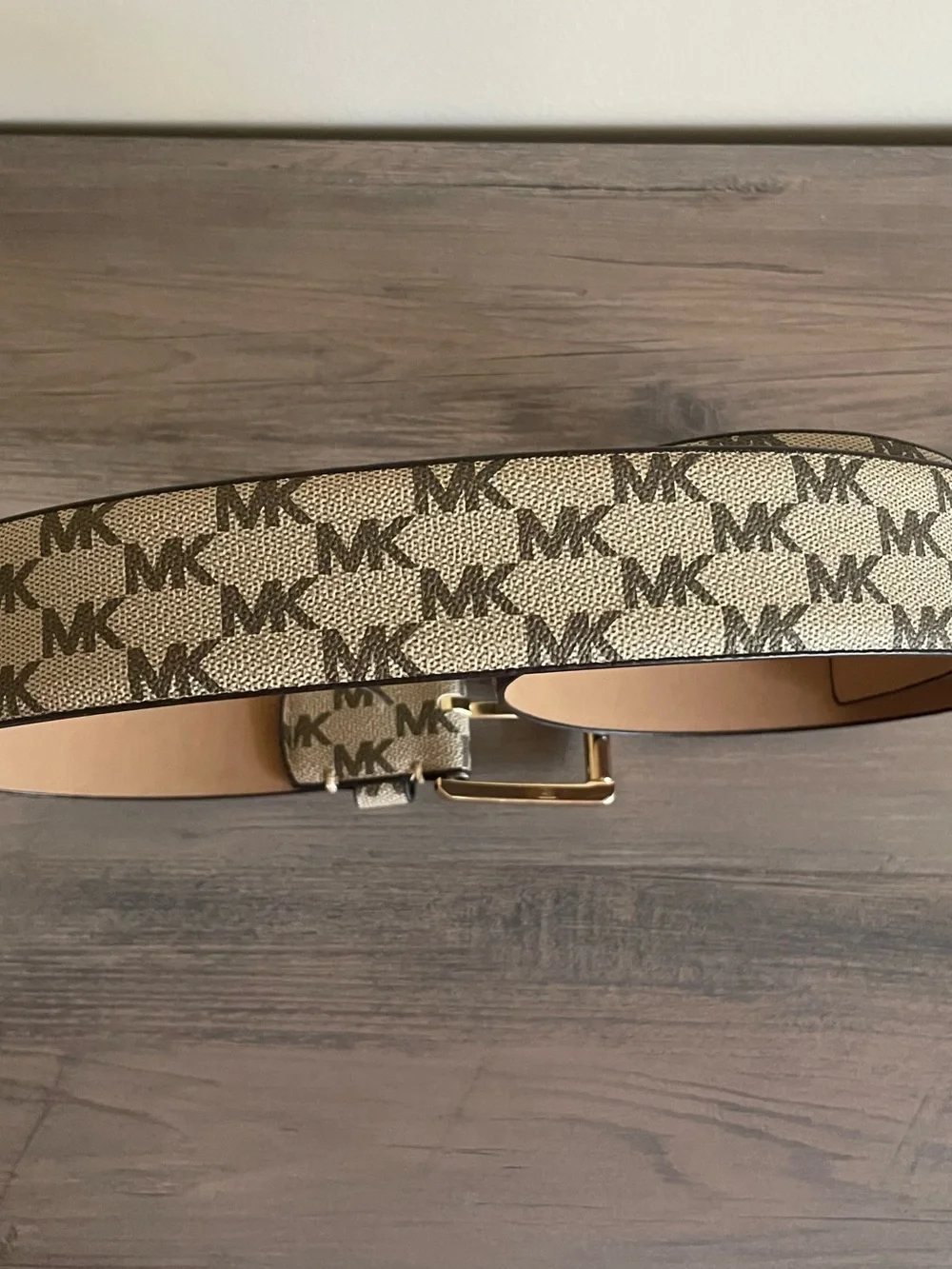 Michael Kors MK Logo Canvas Belt Womens Medium 556023 Gold Buckle Beige Brown